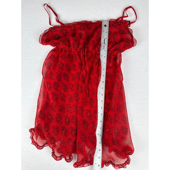 90s Vintage Victoria secret babydoll sheer chiffon ruffle red gold specks size M - Picture 5 of 6